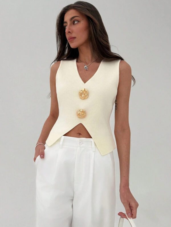 Aloruh Femme Pull tricoté casual sans manches à décor métallique col V – Image 2