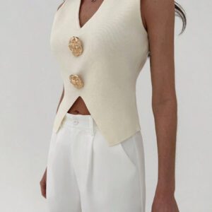 Aloruh Femme Pull tricoté casual sans manches à décor métallique col V