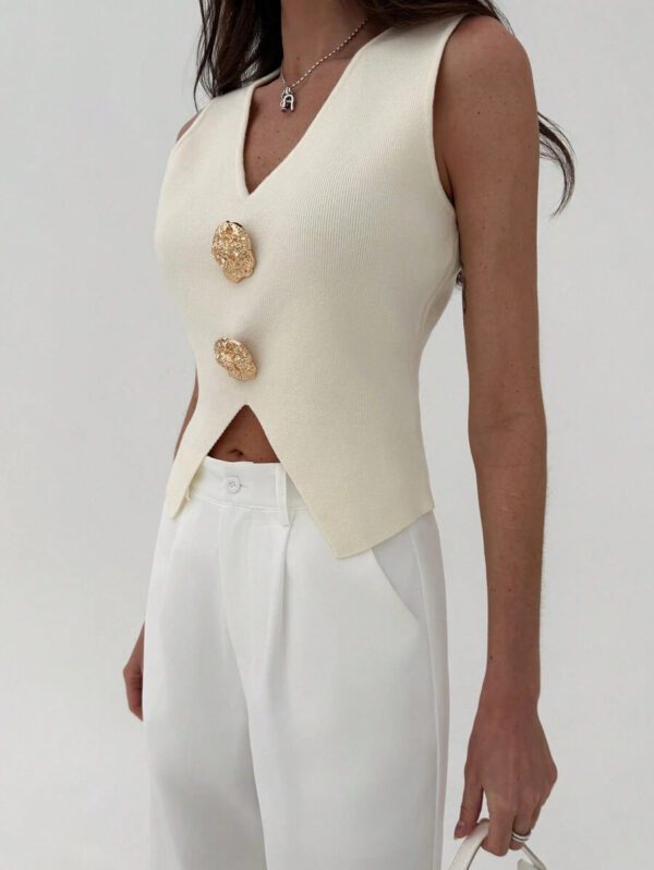 Aloruh Femme Pull tricoté casual sans manches à décor métallique col V – Image 4