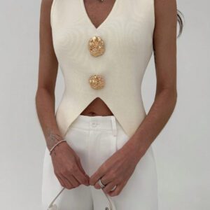 Aloruh Femme Pull tricoté casual sans manches à décor métallique col V
