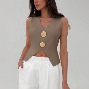 Aloruh Femme Pull tricoté casual sans manches à décor métallique col V