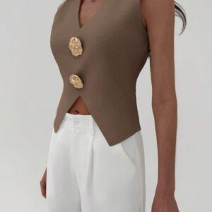 Aloruh Femme Pull tricoté casual sans manches à décor métallique col V