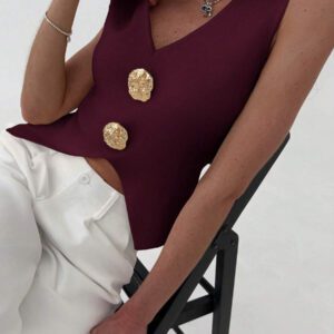 Aloruh Femme Pull tricoté casual sans manches à décor métallique col V