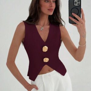 Aloruh Femme Pull tricoté casual sans manches à décor métallique col V