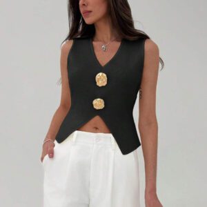 Aloruh Femme Pull tricoté casual sans manches à décor métallique col V