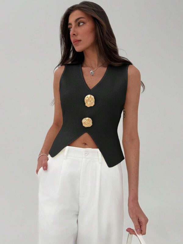 Aloruh Femme Pull tricoté casual sans manches à décor métallique col V – Image 23
