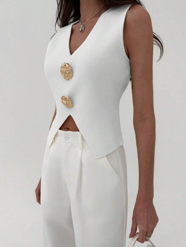 Aloruh Femme Pull tricoté casual sans manches à décor métallique col V – Image 33