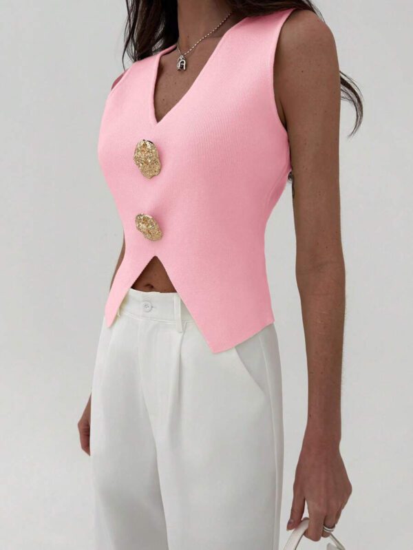 Aloruh Femme Pull tricoté casual sans manches à décor métallique col V – Image 40