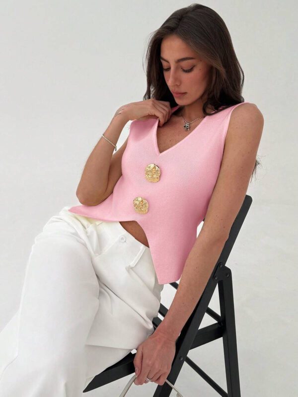 Aloruh Femme Pull tricoté casual sans manches à décor métallique col V – Image 43