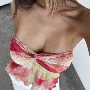 Aloruh Top court plissé avec lien pour femmes, teinture à la cuve, style romantique pour rendez-vous/vacances. Printemps/Été
