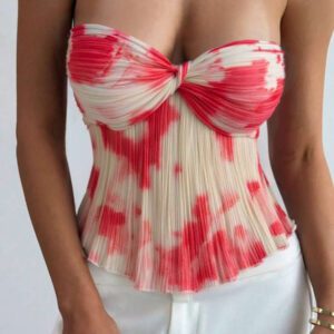 Aloruh Top court plissé avec lien pour femmes, teinture à la cuve, style romantique pour rendez-vous/vacances. Printemps/Été