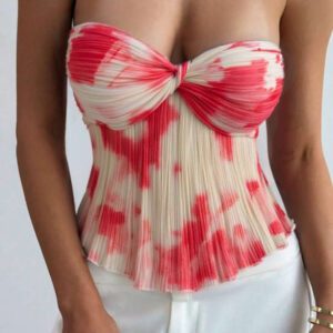 Aloruh Top court plissé avec lien pour femmes, teinture à la cuve, style romantique pour rendez-vous/vacances. Printemps/Été