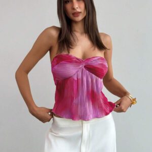 Aloruh Top court plissé avec lien pour femmes, teinture à la cuve, style romantique pour rendez-vous/vacances. Printemps/Été