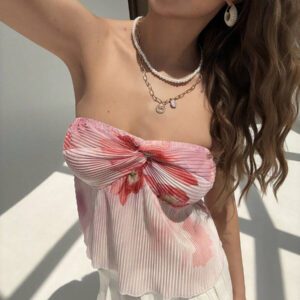 Aloruh Top court plissé avec lien pour femmes, teinture à la cuve, style romantique pour rendez-vous/vacances. Printemps/Été