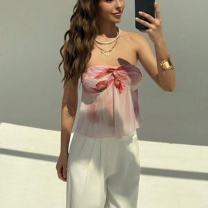 Aloruh Top court plissé avec lien pour femmes, teinture à la cuve, style romantique pour rendez-vous/vacances. Printemps/Été