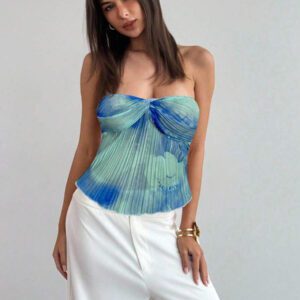 Aloruh Top court plissé avec lien pour femmes, teinture à la cuve, style romantique pour rendez-vous/vacances. Printemps/Été