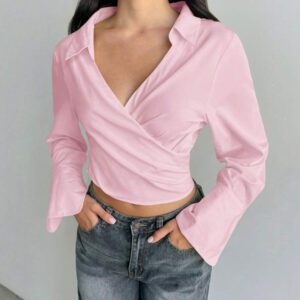 Aloruh Nouvelle chemise courte femme à col V ample, romantique et sexy, avec nœud papillon et découpe dans le dos, de couleur unie