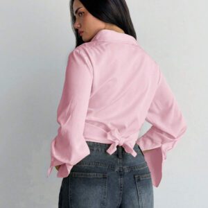Aloruh Nouvelle chemise courte femme à col V ample, romantique et sexy, avec nœud papillon et découpe dans le dos, de couleur unie