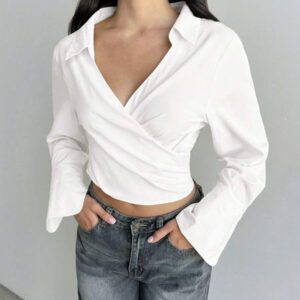 Aloruh Nouvelle chemise courte femme à col V ample, romantique et sexy, avec nœud papillon et découpe dans le dos, de couleur unie