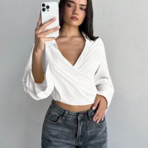 Aloruh Nouvelle chemise courte femme à col V ample, romantique et sexy, avec nœud papillon et découpe dans le dos, de couleur unie