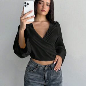 Aloruh Nouvelle chemise courte femme à col V ample, romantique et sexy, avec nœud papillon et découpe dans le dos, de couleur unie