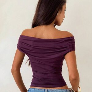 Aloruh T-shirt élégant à épaules dénudées plissé de couleur unie
