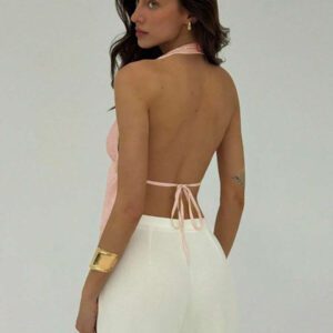Aloruh Top ras-du-cou dos nu sexy à broderie et couleur unie pour les vacances