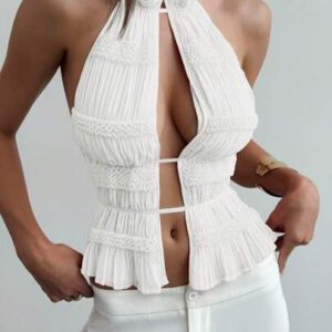 Aloruh Nouveau débardeur rose avec col en V profond, dos ouvert, design texturé à volants et laçage sexy dans le dos