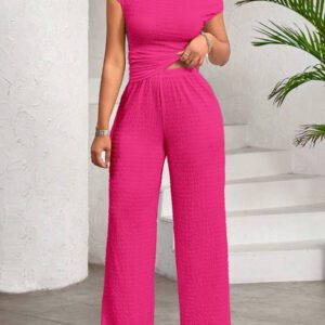 Gooodcoin Lady Ensemble deux pièces femme composé d'un Top à col asymétrique texturé blanc et d'un pantalon à jambes larges avec taille élastique. Décontracté pour tous les jours, élégant pour toutes les saisons