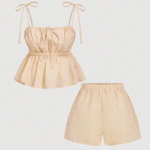 Gooodcoin MOD Femme Débardeur noué à col carré rayé assorti avec short rayé taille haute