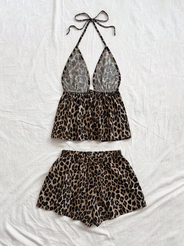 Soleia 2 pièces Ensemble femme chic de vacances classique avec imprimé léopard, débardeur à col V avec dos à fines bretelles et shorts amples super courts, pour un rendez-vous, une fête, la ville, les vacances – Image 3