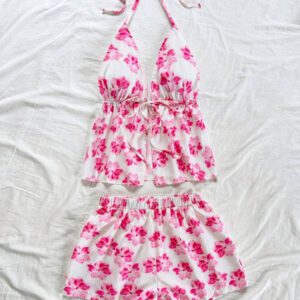 Soleia 2 pièces Ensemble femme chic de vacances classique avec imprimé léopard, débardeur à col V avec dos à fines bretelles et shorts amples super courts, pour un rendez-vous, une fête, la ville, les vacances