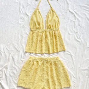 Soleia 2 pièces Ensemble femme chic de vacances classique avec imprimé léopard, débardeur à col V avec dos à fines bretelles et shorts amples super courts, pour un rendez-vous, une fête, la ville, les vacances