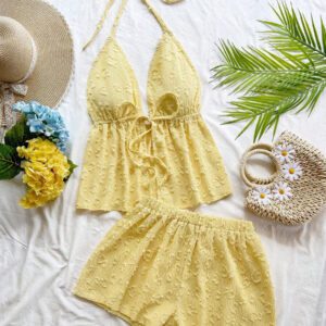Soleia 2 pièces Ensemble femme chic de vacances classique avec imprimé léopard, débardeur à col V avec dos à fines bretelles et shorts amples super courts, pour un rendez-vous, une fête, la ville, les vacances