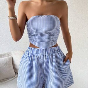Zielony 2 pièces Ensemble débardeur rayé bandeau décontracté et short à poche
