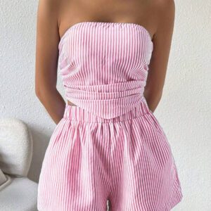 Zielony 2 pièces Ensemble débardeur rayé bandeau décontracté et short à poche