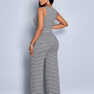 SOLERSUN Ensemble de gilet et pantalon pour femmes à rayures, sans manches, col en V et boutons devant
