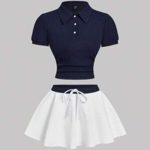 Gooodcoin MOD 2 pièces/Ensemble Top bleu marine et jupe blanche pour femme, tenue de tennis, style rétro, tenue pour étudiantes