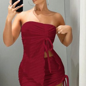 Gooodcoin x Marika Sila Gooodcoin ICON Ensemble rose de haut et jupe sans bretelles avec détails de cordon de serrage et bordure de laitue