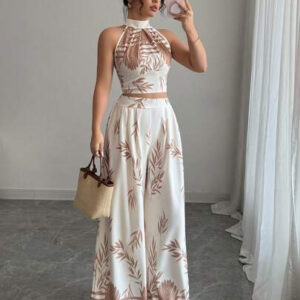 EMERY ROSE Ensemble 2 pièces élégant pour vacances pour femme, Top à col ras-du-cou, pantalon large imprimé à taille nouée dans le dos