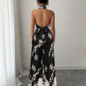 EMERY ROSE Ensemble 2 pièces élégant pour vacances pour femme, Top à col ras-du-cou, pantalon large imprimé à taille nouée dans le dos