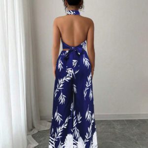 EMERY ROSE Ensemble 2 pièces élégant pour vacances pour femme, Top à col ras-du-cou, pantalon large imprimé à taille nouée dans le dos