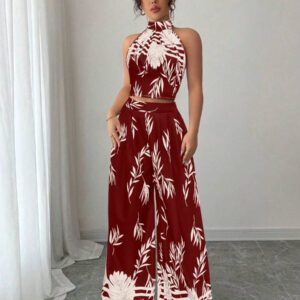 EMERY ROSE Ensemble 2 pièces élégant pour vacances pour femme, Top à col ras-du-cou, pantalon large imprimé à taille nouée dans le dos