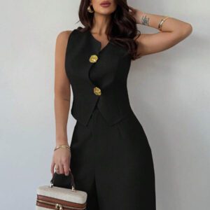 Firerie 2 pièces Ensemble printemps femme Top de gilet avec boucle métallique asymétrique en lin impression et pantalon à taille haute évasé minceur, tenue de bureau élégante