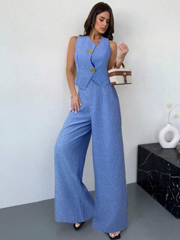 Firerie 2 pièces Ensemble printemps femme Top de gilet avec boucle métallique asymétrique en lin impression et pantalon à taille haute évasé minceur, tenue de bureau élégante – Image 18