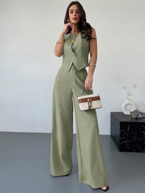 Firerie 2 pièces Ensemble printemps femme Top de gilet avec boucle métallique asymétrique en lin impression et pantalon à taille haute évasé minceur, tenue de bureau élégante – Image 22