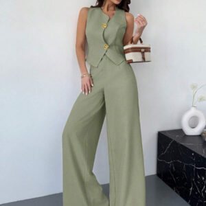 Firerie 2 pièces Ensemble printemps femme Top de gilet avec boucle métallique asymétrique en lin impression et pantalon à taille haute évasé minceur, tenue de bureau élégante