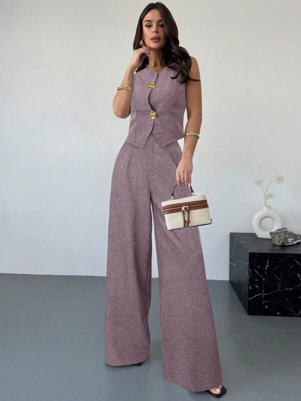 Firerie 2 pièces Ensemble printemps femme Top de gilet avec boucle métallique asymétrique en lin impression et pantalon à taille haute évasé minceur, tenue de bureau élégante – Image 41