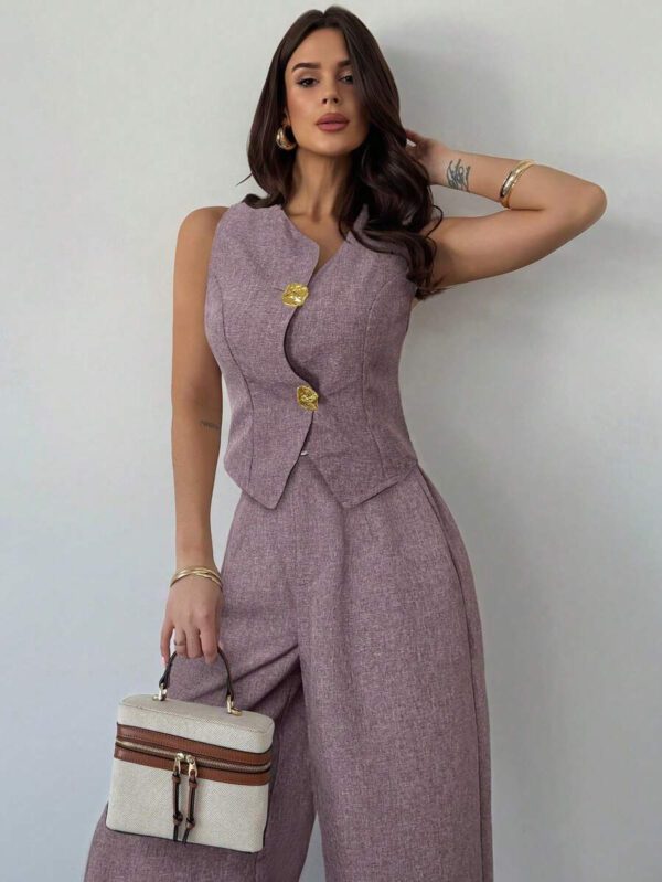Firerie 2 pièces Ensemble printemps femme Top de gilet avec boucle métallique asymétrique en lin impression et pantalon à taille haute évasé minceur, tenue de bureau élégante – Image 44