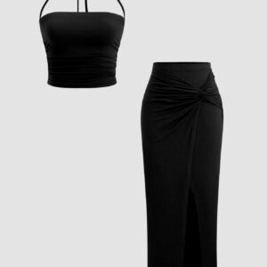 Sweetra Ensemble top court sans bretelles fendu et noué sexy et jupe, printemps/été pour femmes